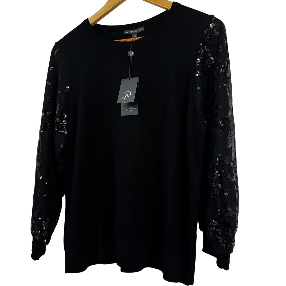 NWT Adrianna Papell Black Sequin Mesh Sleeve Crew Neck Sweater Size L Glam Chic